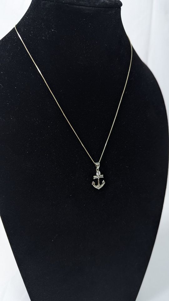 Sterling Silver .925 Adjustable Necklace + Anchor CZ Stone Silver Pendant / 16" Length