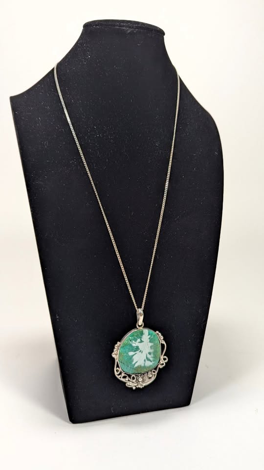 Vintage Navajo Large Turquoise Sterling Pendant + 925 23" Curb Link Necklace -