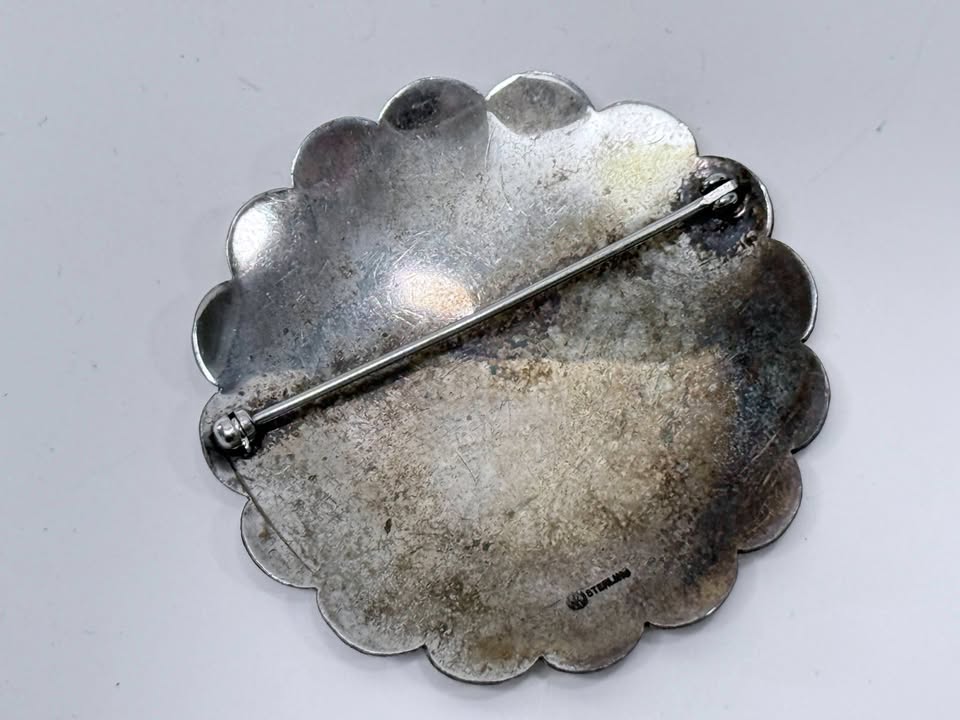 Large Sterling Silver Floral Pin Hand Engraved Scalloped Brooch