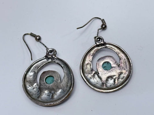 Turquoise Dangle Earrings Artisan Style Circular Design 1970s