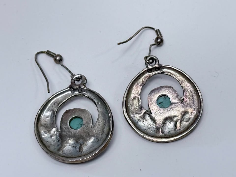 Turquoise Dangle Earrings Artisan Style Circular Design 1970s