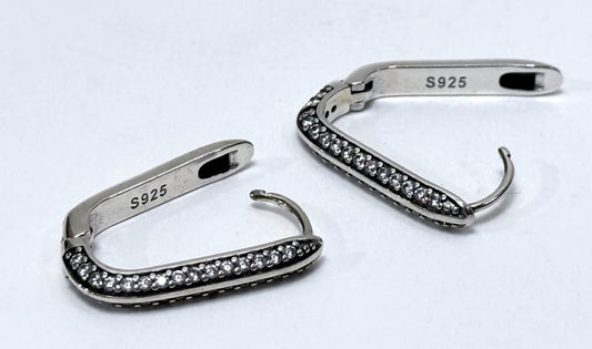 Sterling Silver S925 Earrings CZ Pave Huggie Style Oval Hoop