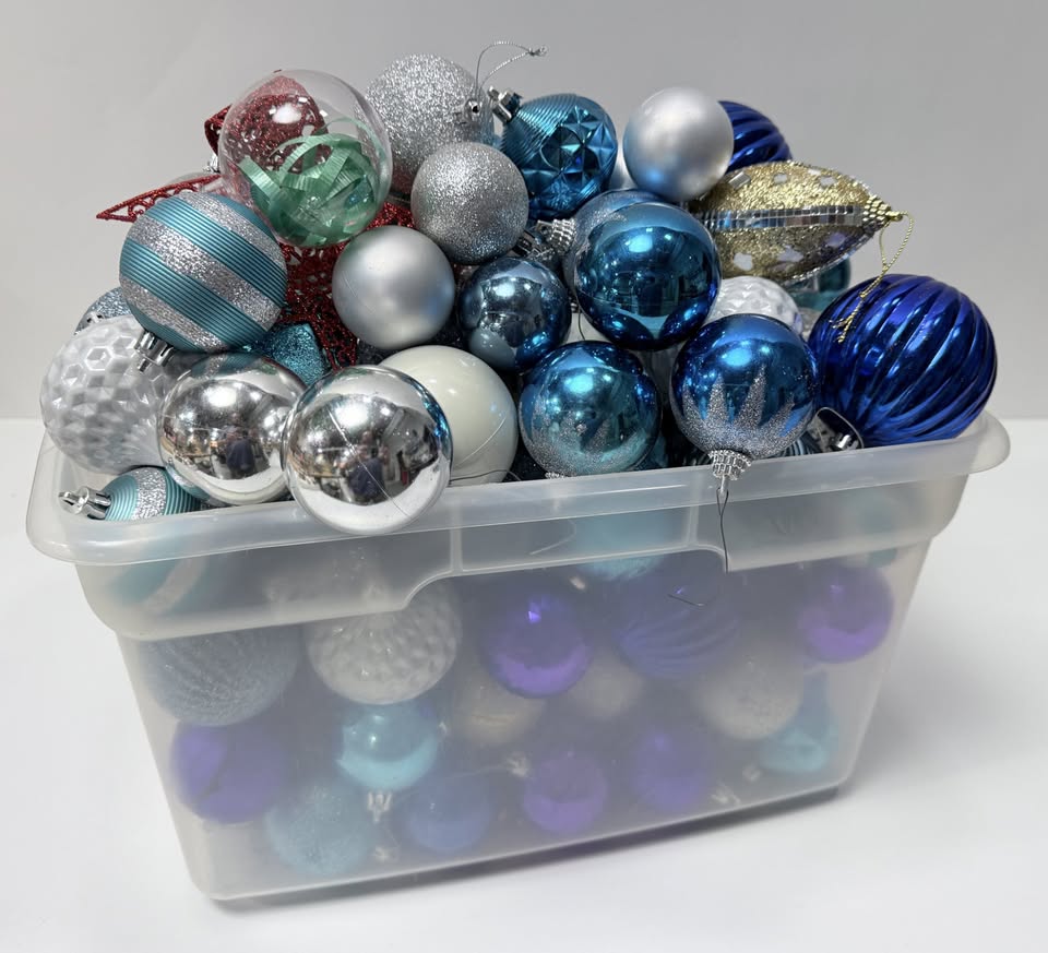 Large Mixed Lot of Blue Silver Christmas Ornaments in Storage Bin