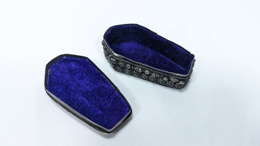 RARE Antique Silver Plated Trinket Coffin Box + Velvet Interior