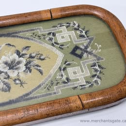 Antique Needlepoint Glass Top Decorative Panel with Wooden Frame Victorian Era