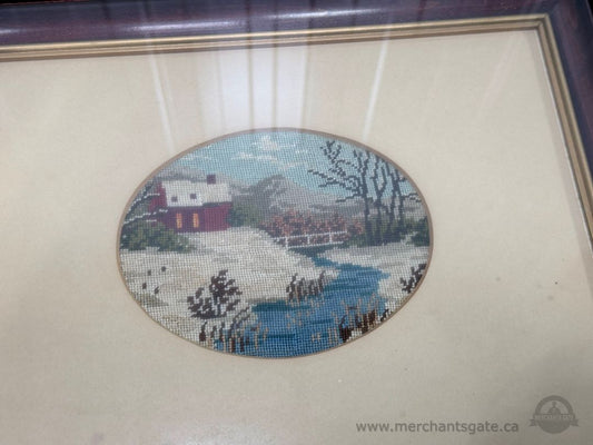 Vintage 1946 Framed Needlepoint Landscape Artwork Oval Hand Stitched