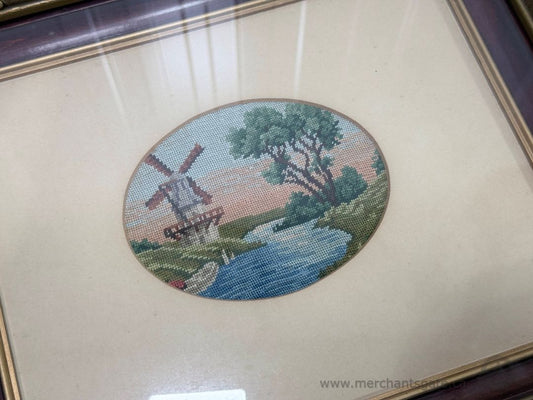 Vintage 1946 Framed Needlepoint Windmill Landscape Hand Stitched Artwork