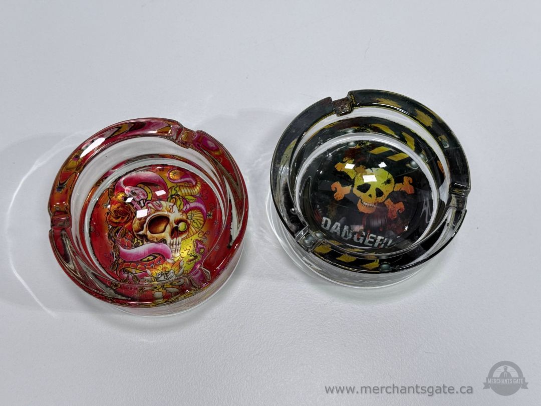 Set of 2 Glass Ashtrays Skull Design Red and Black Round 3"