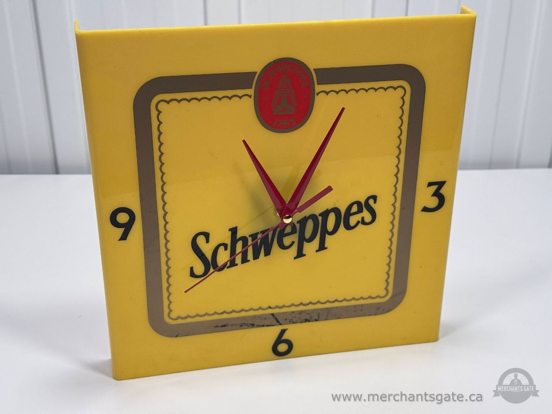Schweppes Advertising Wall Clock Yellow Plastic Sign Style Vintage 11"