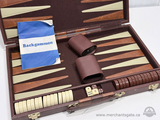 Backgammon Board Game Set Brown Folding Case with Checkers Dice and Cups