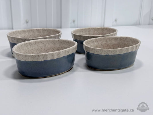 Set of 4 Speckled Stoneware Oval Baking Dishes Blue Glaze Ceramic Ramekins