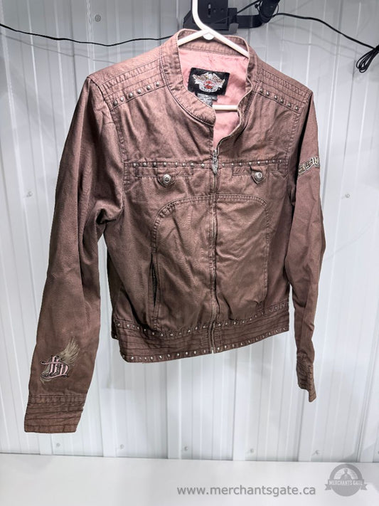 Harley Davidson Womens Studded Riding Jacket Brown Cotton Motorcycle Jacket Size M