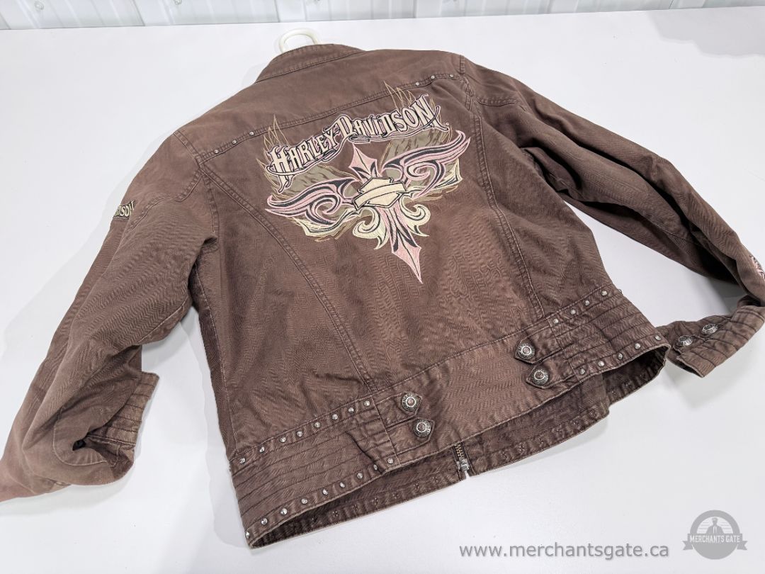 Harley Davidson Womens Studded Riding Jacket Brown Cotton Motorcycle Jacket Size M