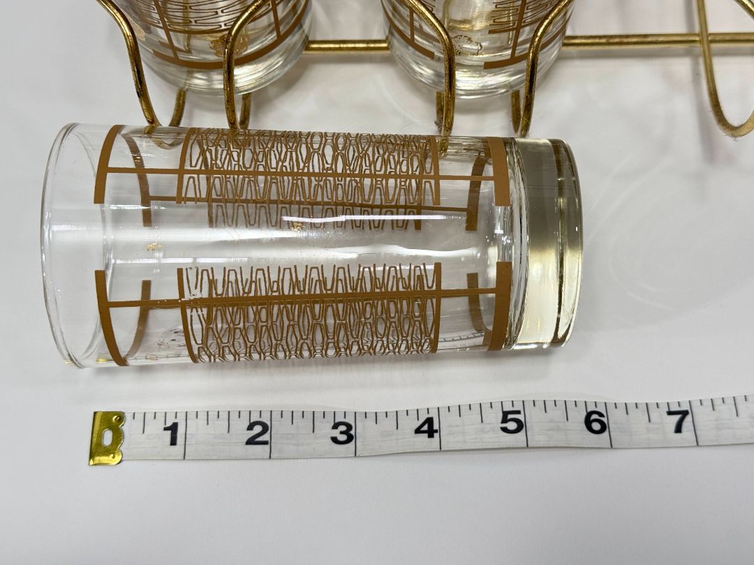 Vintage Mid-Century Modern Gold Bar Glasses with Brass Carrier
