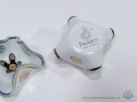 Paragon Glass Handkerchief Style Candle Holders Gold Blue Pattern Vintage Pair