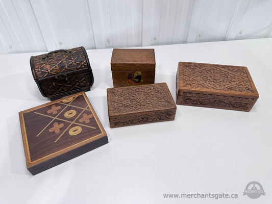 Wooden Storage Boxes Lot Carved Trinket Boxes Tic Tac Toe Game Jewelry Cases