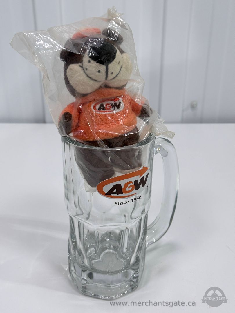 A & W Root Beer Glass Mug with Mascot Plush Toy Collectible Set
