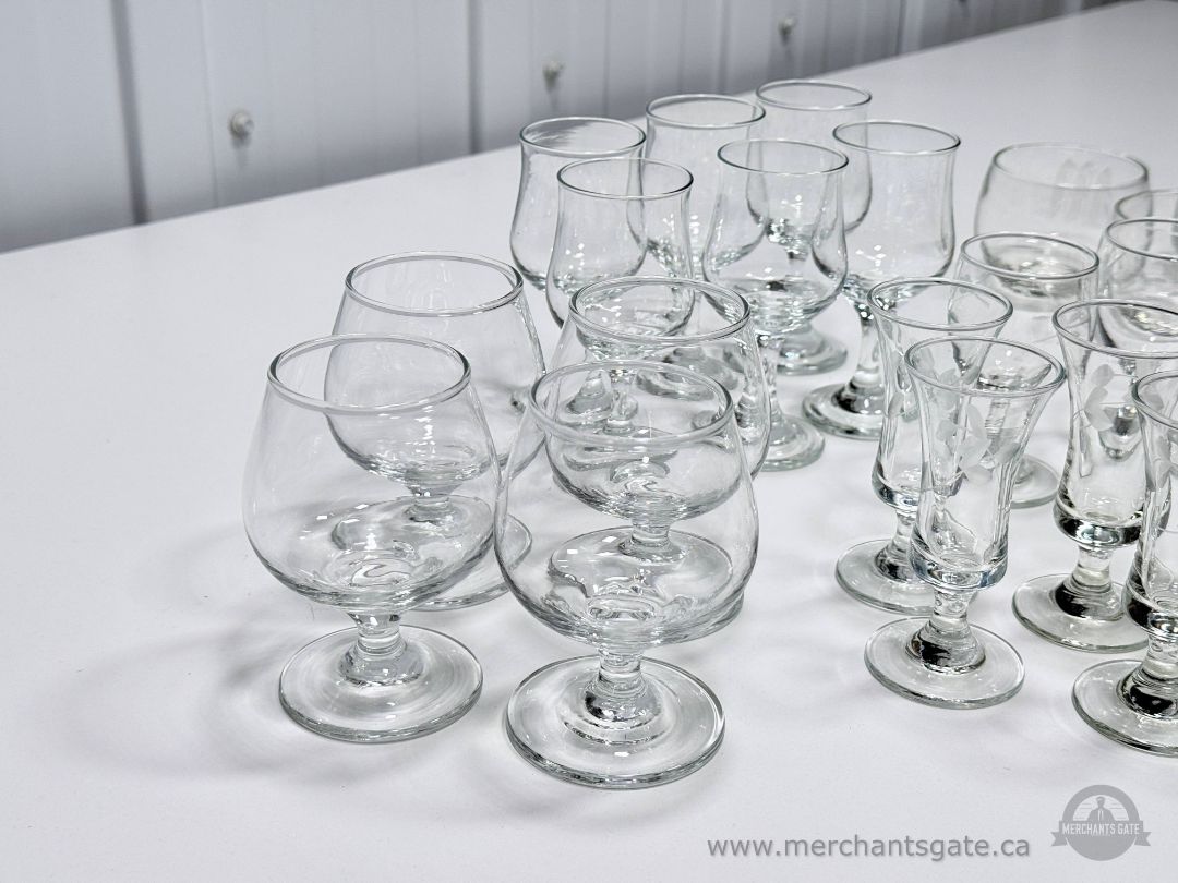 Large Mixed Glassware Lot Stemware Snifters Shot Glasses Etched Tumblers Set
