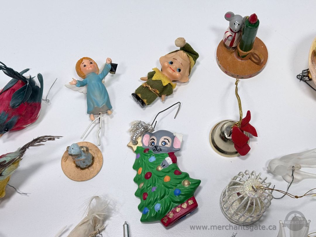 Vintage Christmas Ornament Lot Glass Mercury Feather Birds Spun Cotton Ceramic Mixed