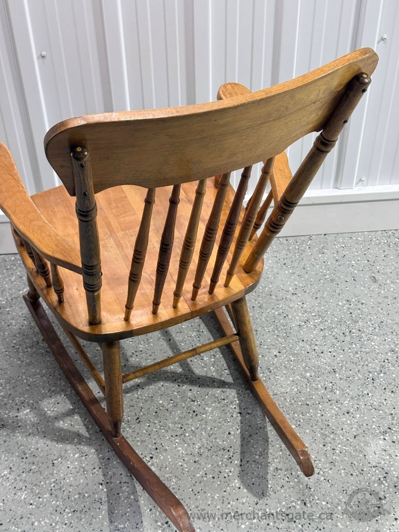 Vintage Solid Wood Rocking Chair Carved Back Spindle Armchair