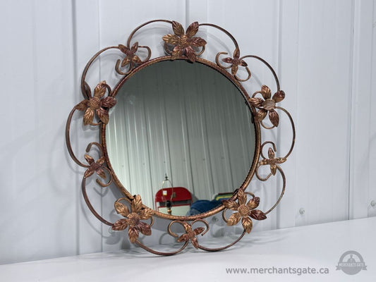 Vintage Floral Metal Wall Mirror Round Decorative Frame Copper Tone 16"