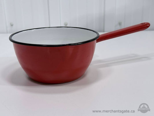 Vintage Red Enamel Saucepan Pot with Handle White Interior Made In Romania 16cm