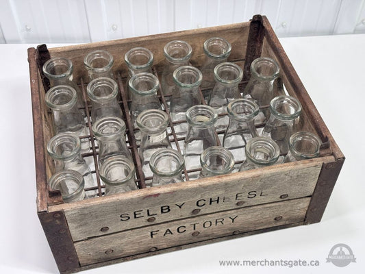 Antique Selby Cheese Factory Wooden Crate with Glass Milk Bottles Farmhouse Decor