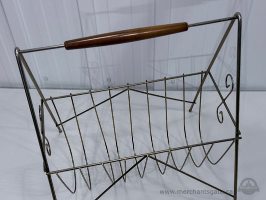 Vintage Metal Magazine Rack with Wood Handle Mid Century Modern