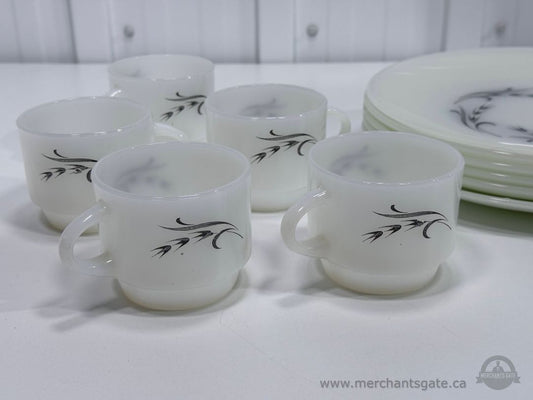 Anchor Hocking Fire King Swirl Pattern Milk Glass Cups and Plates Set 11 Pc