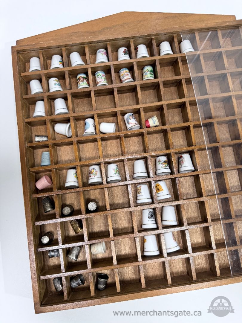 Vintage Wooden Thimble Display Case Shadow Box with Clear Panel 47 Thimbles