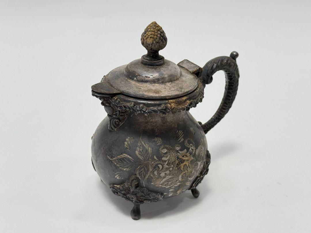 Antique Etched Floral Silverplate Syrup Jug