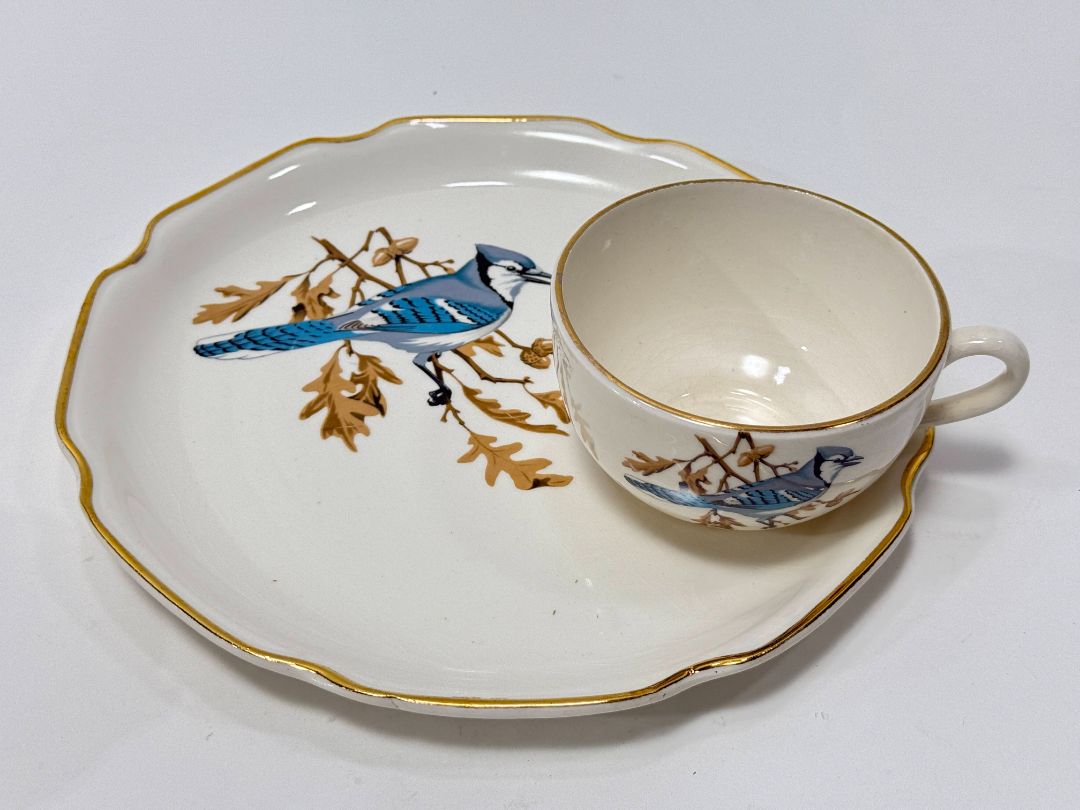Georgian China Blue Jay Cup & Snack Plate Set – 22K Gold Trim
