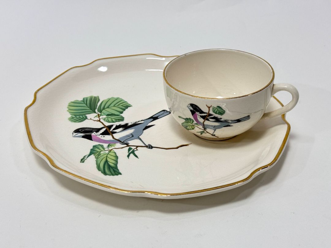 Vintage Georgian China Rose-Breasted Grosbeak Snack Plate & Teacup Set – 22K Gold USA