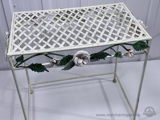 Vintage Metal Plant Stand Floral Lattice Top White Painted Indoor Outdoor Decor
