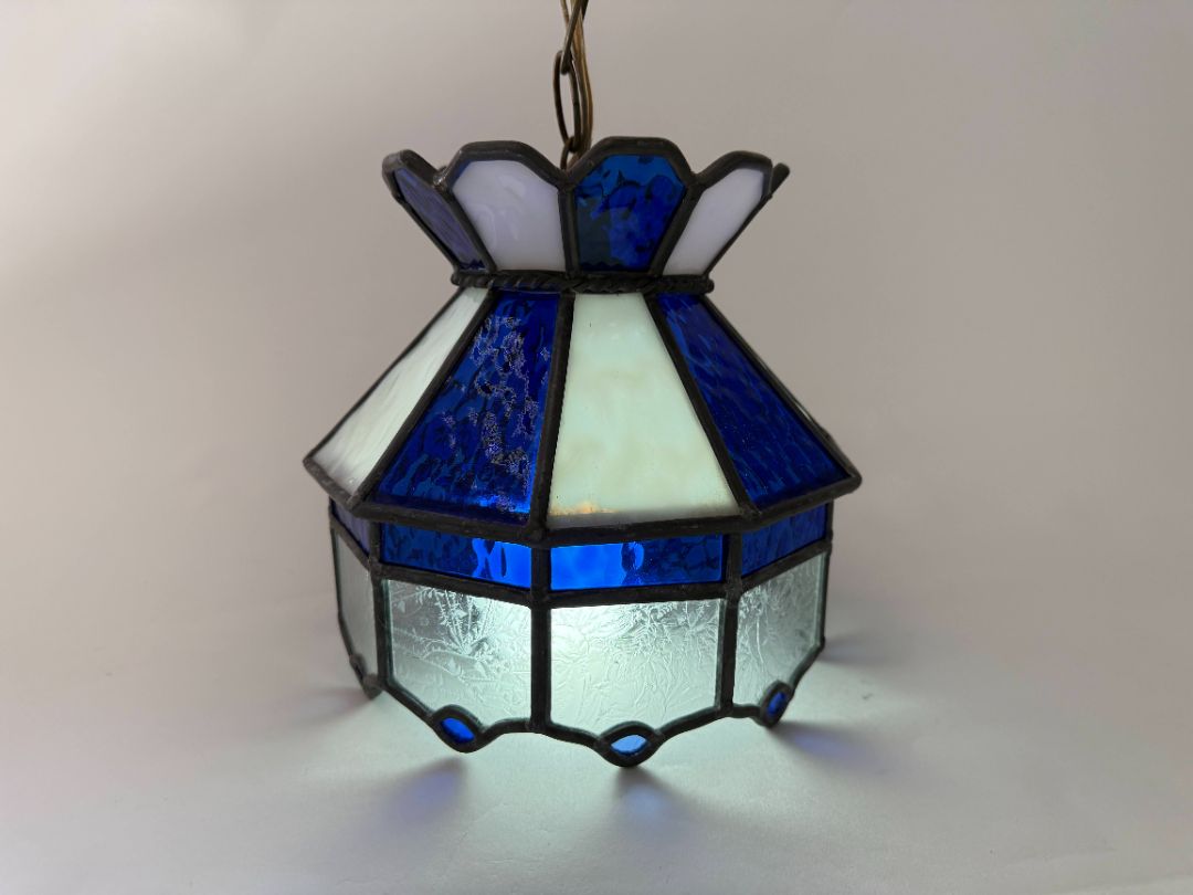 Vintage Slag Glass Pendant Lamps (Tiffany-Style, Blue & White) – Set of 2