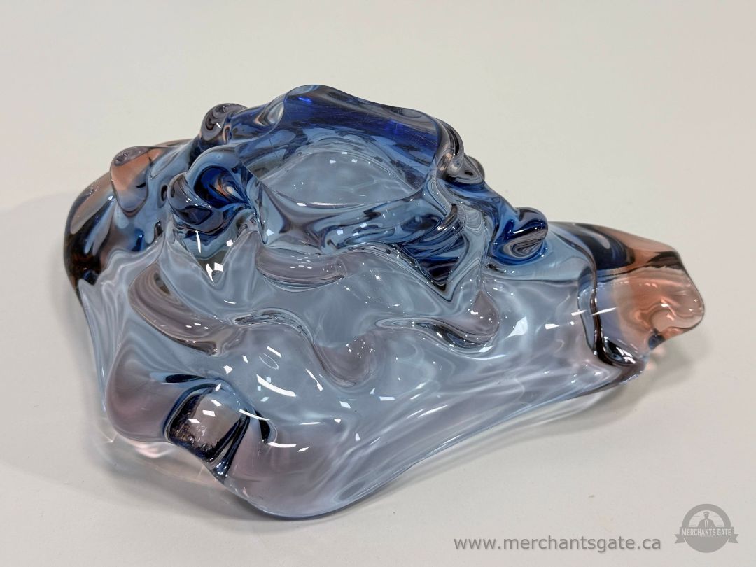 Vintage Murano Style Blue Pink Art Glass Bowl Freeform Heavy 9.25"