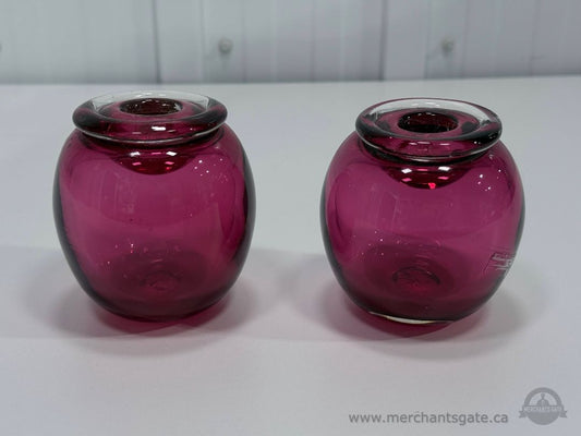 Set Of 2 Cranberry Glass Candle Holders Round Vintage Style Thick Rim 3.75"