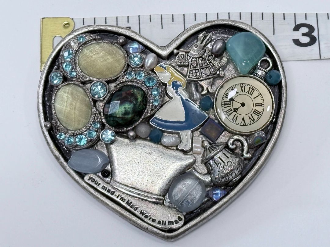 Alice In Wonderland Heart Pin Handmade Mixed Media Brooch One of A Kind Jewelry