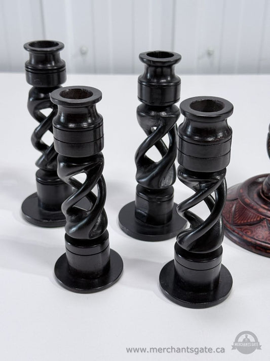 Carved Wood Candle Holders Set Twisted Barley Style Large and Small Vintage Decor