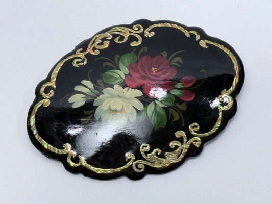 Vintage Hand-Painted Russian Floral Lacquer Brooch – Black Enamel Pin – 1970s USSR