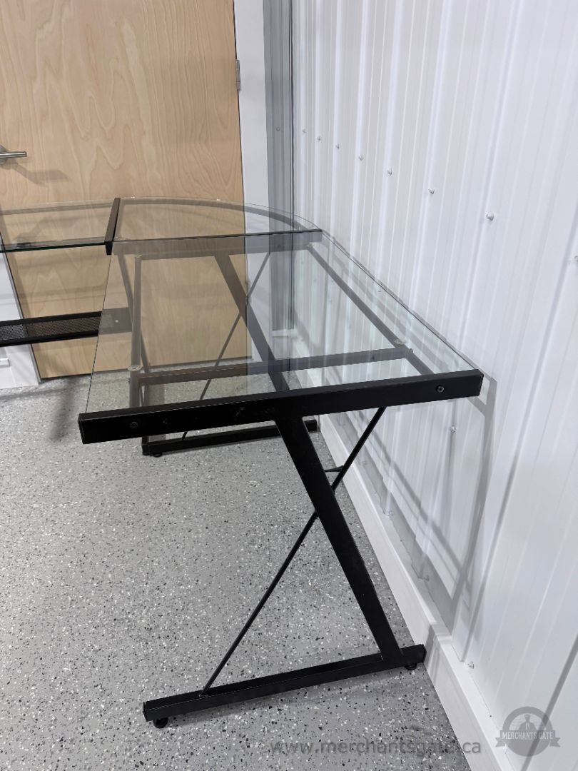 L-Shaped Glass Corner Desk Black Metal Frame 3-Piece Top Home Office Workstation