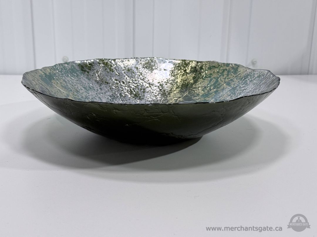 Decorative Art Glass Bowl Silver Green Textured Centerpiece Dish 12.75"