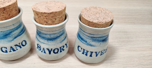 PEI Stoneware Pottery Ceramic Spice Jars Original Cork Lids / Set of 8