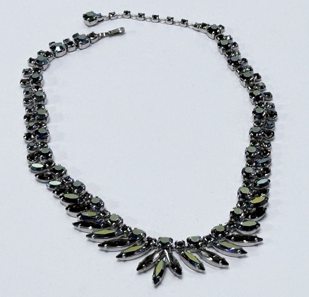 Signed Sherman Aurora Borealis Rhinestone Necklace Blue Tone Crystal Design 1960s