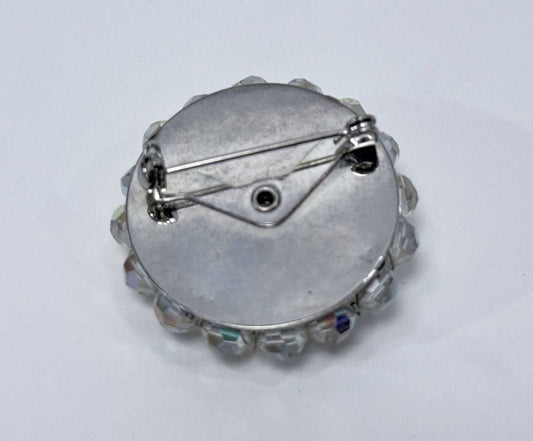 Vintage Crystal Bead Brooch Round Faceted Aurora Borealis Pin Mid Century Costume Jewelry