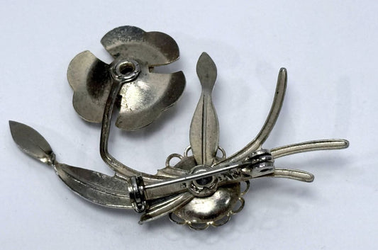 Vintage Floral Brooch Textured Petal Aurora Rhinestone Mid Century Jewelry Retro Pin