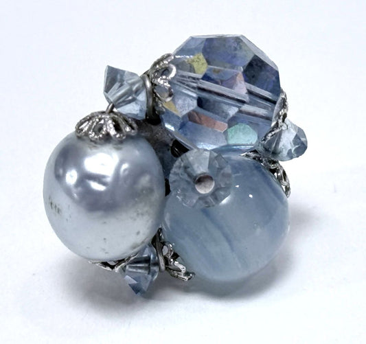 Signed Single Sherman Earring, Blue Bead Cluster Clip-On Mid-Century Costume Jewelry