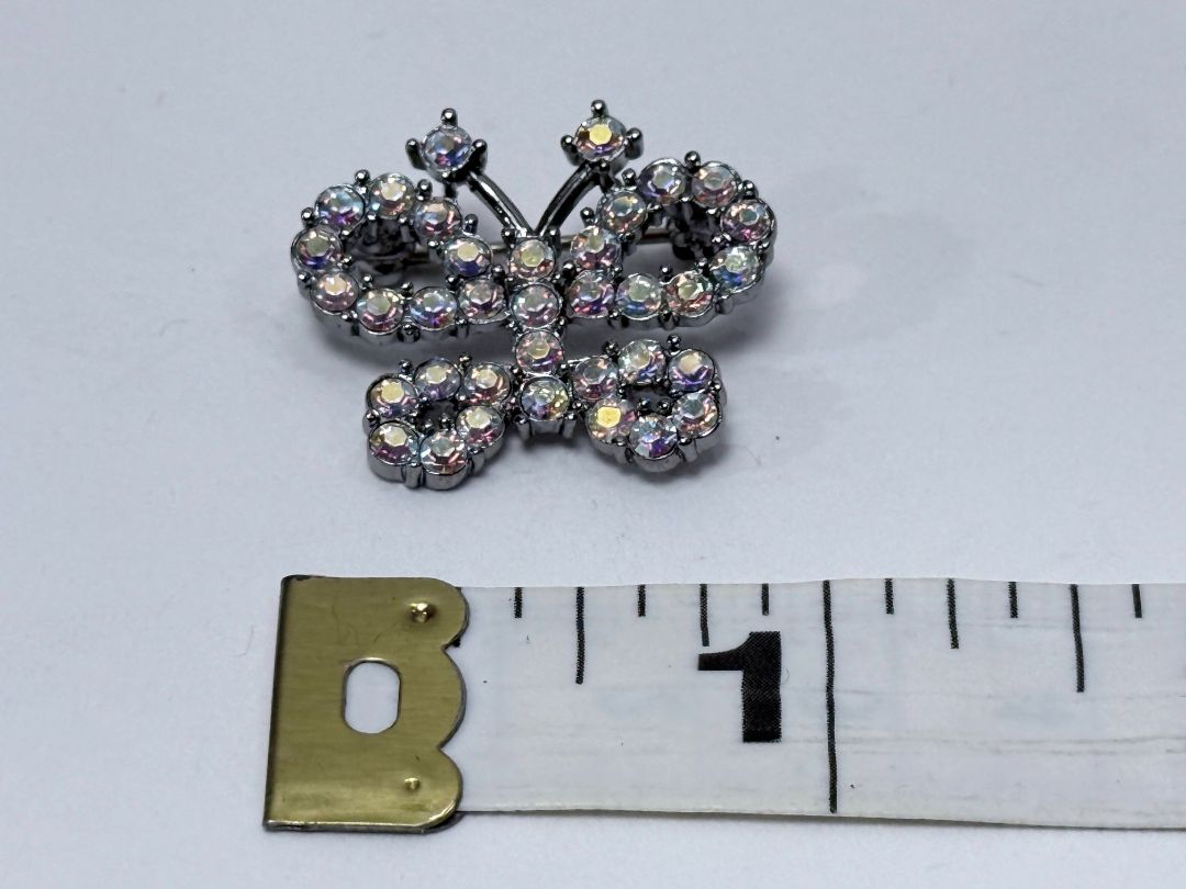 Vintage Butler Signed Butterfly Brooch Aurora Borealis Rhinestones Silver Tone Costume Jewelry