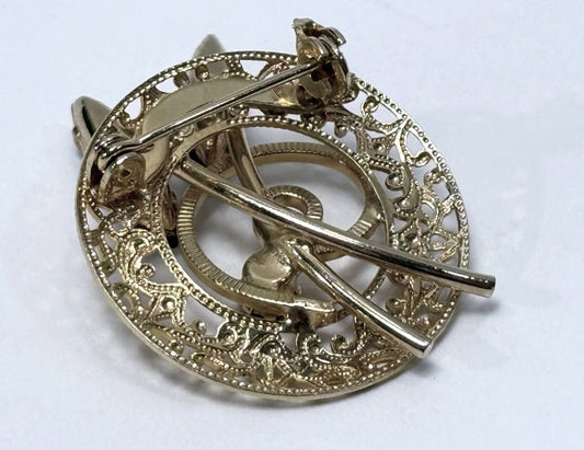 Gold Tone Filigree Brooch Purple Rhinestones Mid Century Vintage Jewelry 1960s