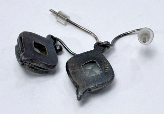 Sterling Silver Earrings Dangle French Hook Pale Blue Gemstone Vintage Look Oxidized Finish